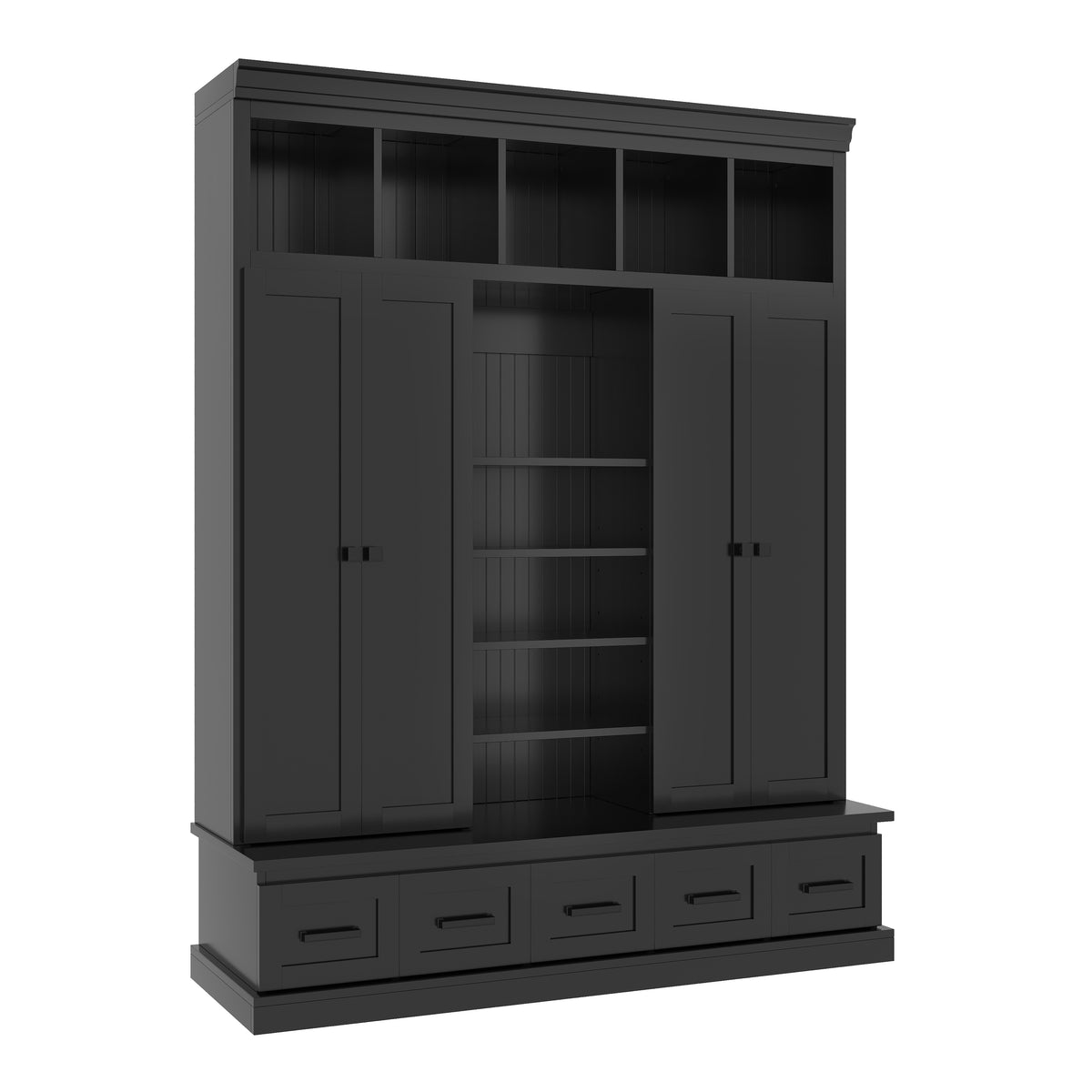variant-group:rf-n724sj000139aab|Roomfitters 78.7" Hall Tree with Bench, 5 Cubbies, 4 Doors, 5 Drawers, Adjustable Shelves, Black