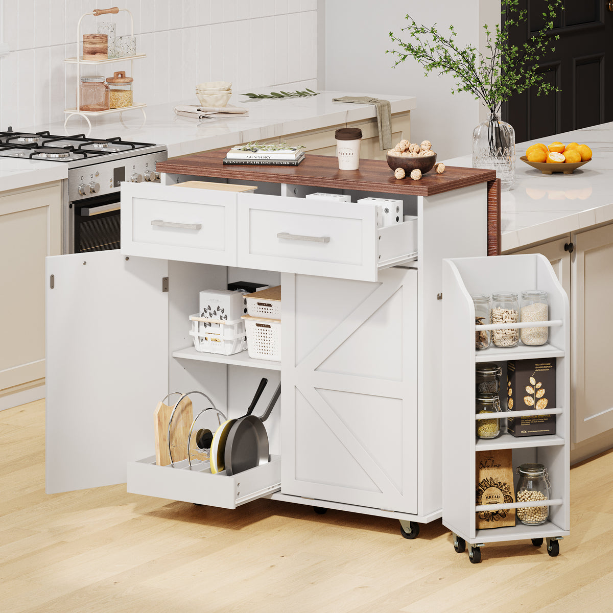 variant-group:rf-n707p307296w|Roomfitters 47.2" Farmhouse Kitchen Island with Drop Leaf, Tilt Trash Can Cabinet, Removable Mobile Side Racks, White