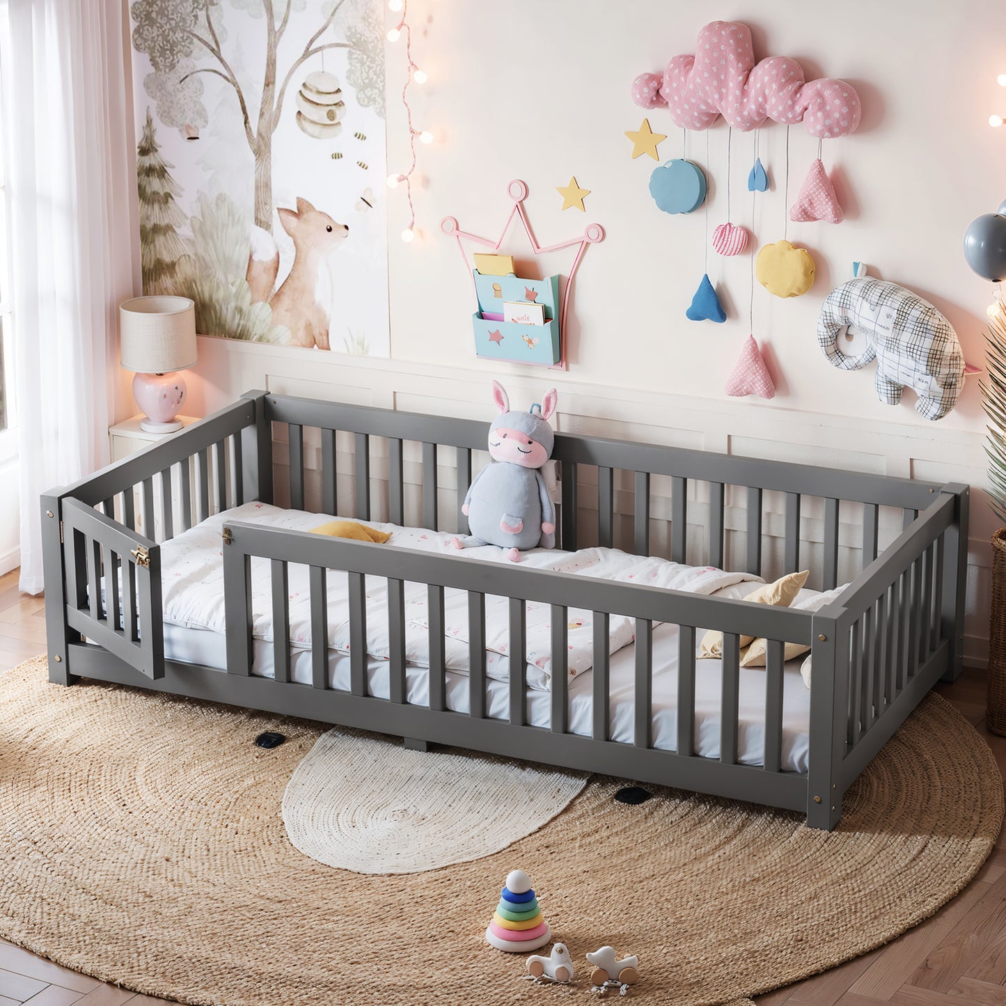 variant-group:rf-w1580p462312|Roomfitters Twin Size Wooden Floor Bed Frame with Safety Guardrails Door, Solid Wood Low Profile Toddler Play Bed, Gray