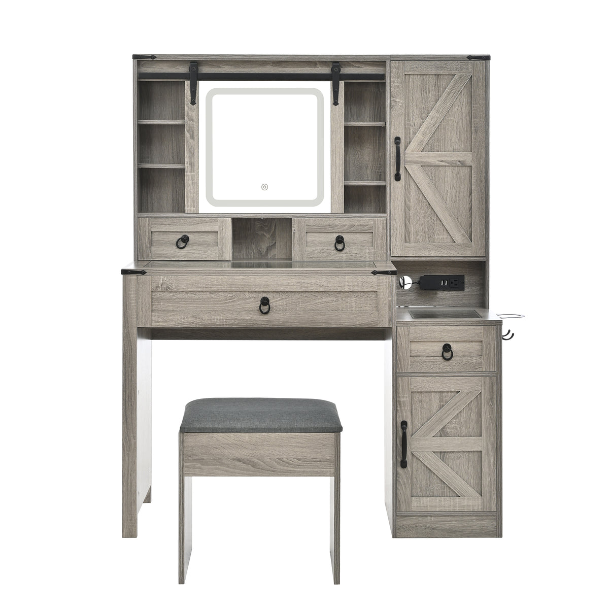 variant-group:rf-n733p340562g|Roomfitters Farmhouse Vanity Desk with Sliding Mirror & Lights, Glass Top, Charging Station, 4 Drawers, 2 Cabinets, Stool, Gray