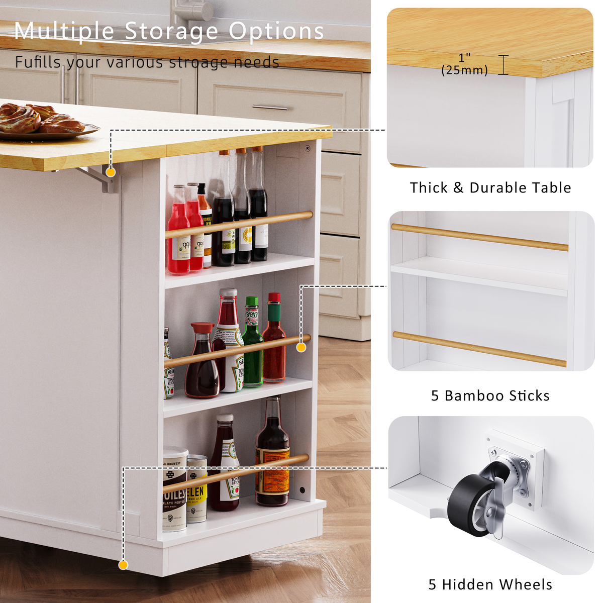 variant-group:rf-n707s003007w|Roomfitters 53" Kitchen Island with 2 Bar Stools, Drop Leaf, Power Outlet, Rolling Kitchen Cart Set with Storage, White