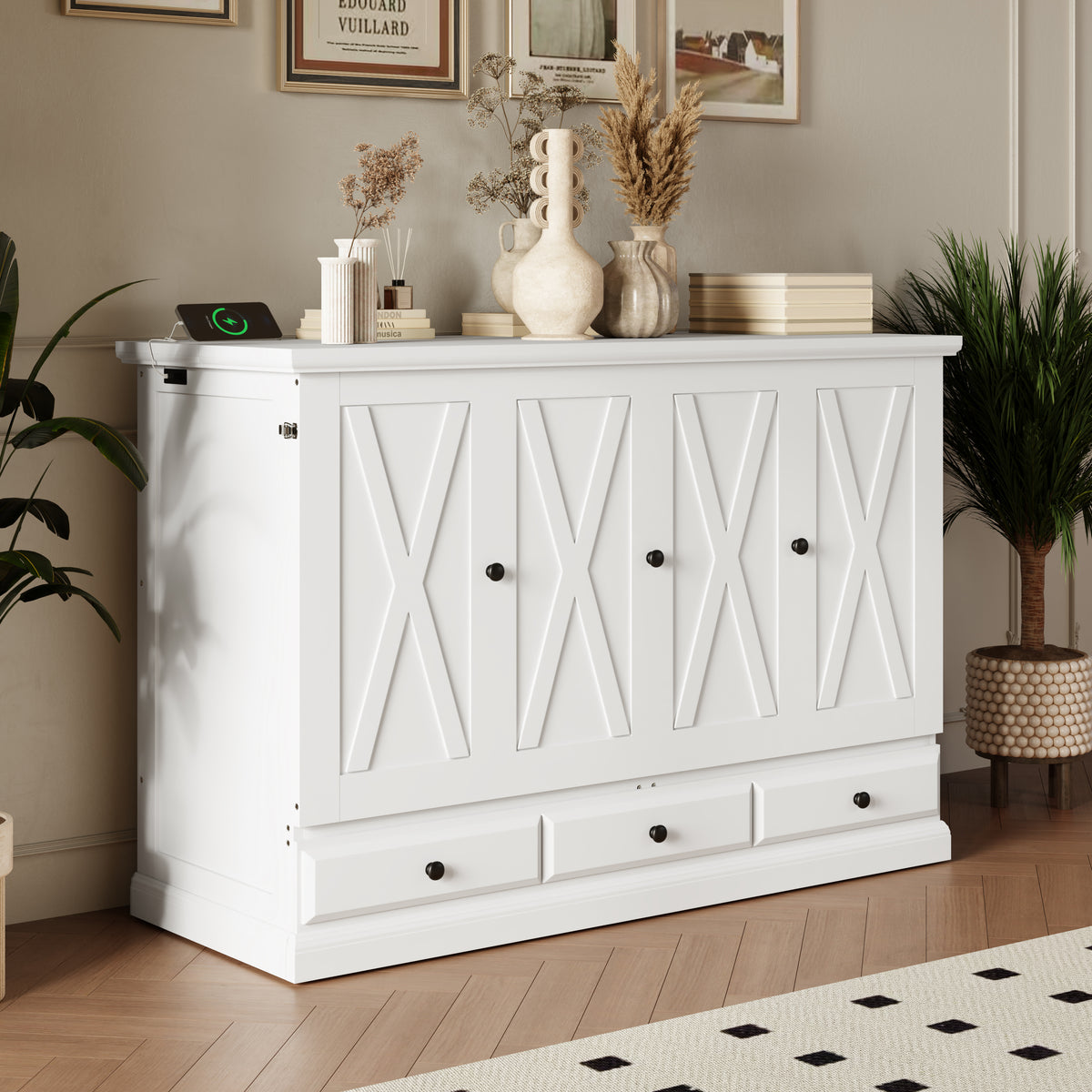 variant-group:rf-n701bs701p170501k|Roomfitters Full Size Murphy Bed Cabinet with Charging Station and Storage Drawer, Freestanding Fold Out Guest Bed, White