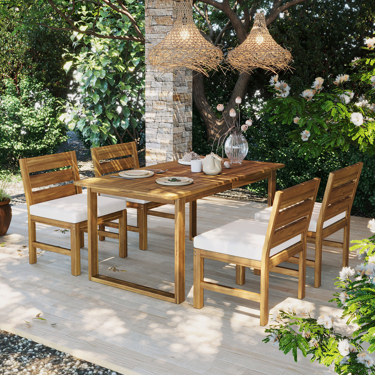 variant-group:rf-n711wy000497aaa|Roomfitters Farmhouse 5-Piece Outdoor Dining Set for 4, Acacia Wood Table and Chair Pack, Beige and Natural Slatted