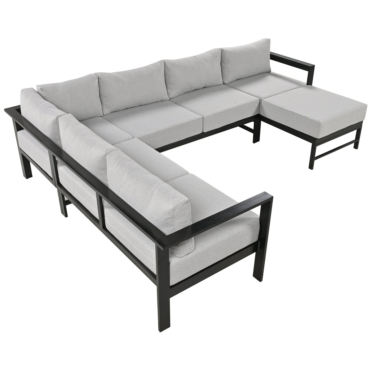Roomfitters Modern U-Shaped Outdoor Sectional Sofa Set, 5-6 Seat Patio Conversation, Grey Cushions, Iron Frame Pit Roomfitters