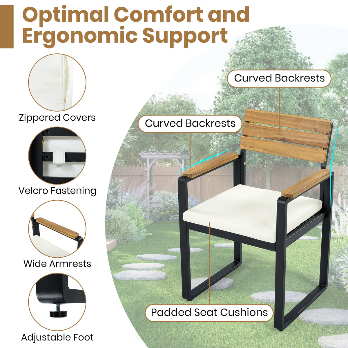 variant-group:rf-n704g201255a|Roomfitters 6-Piece Solid Acacia Wood Patio Dining Set with Steel Frames and Cushion Chairs Beige