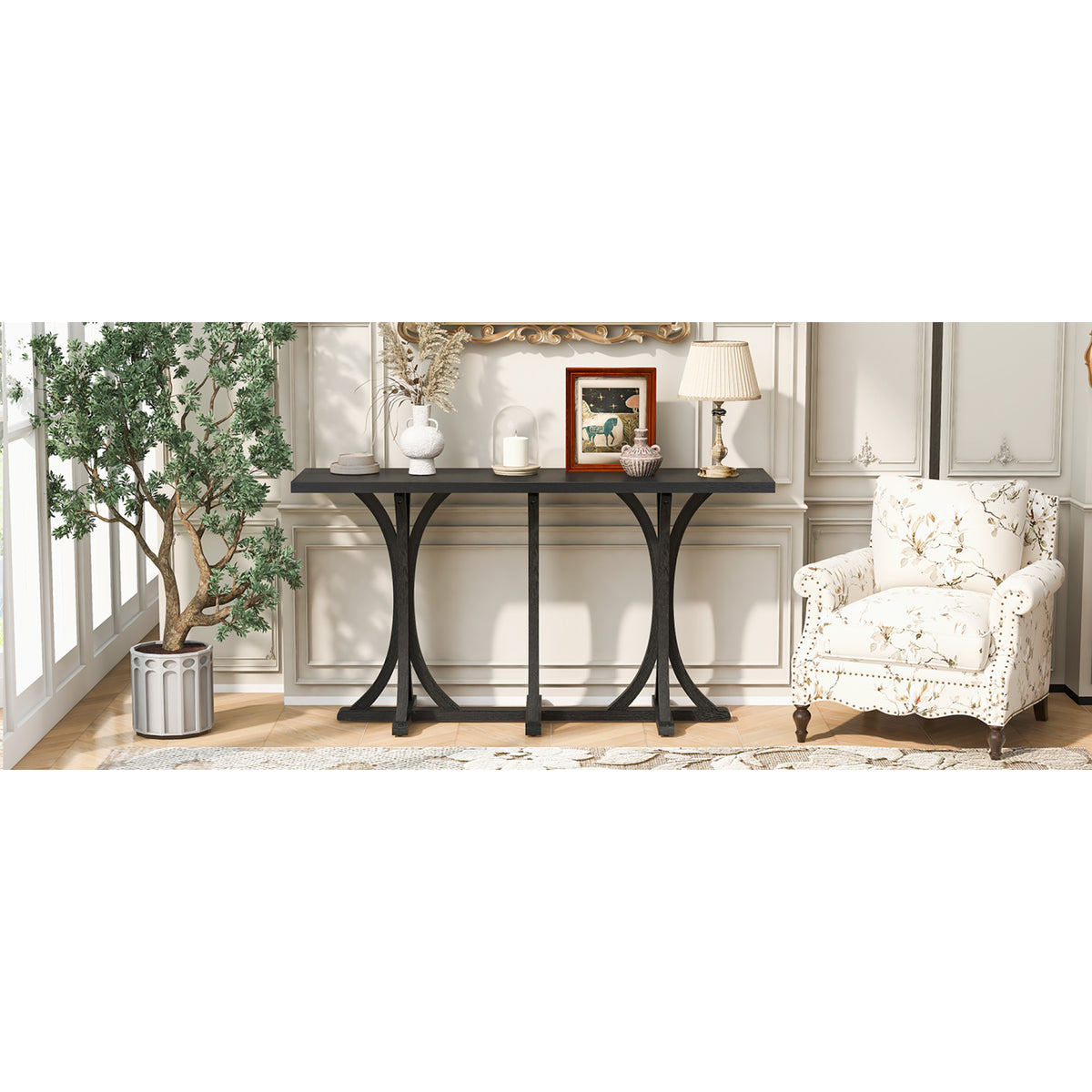 variant-group:rf-n711p295300b|Roomfitters 59.8" Console Table with Oak Veneer Top, Modern Arched Leg Entryway Sofa Table for Hallway & Living Room, Black
