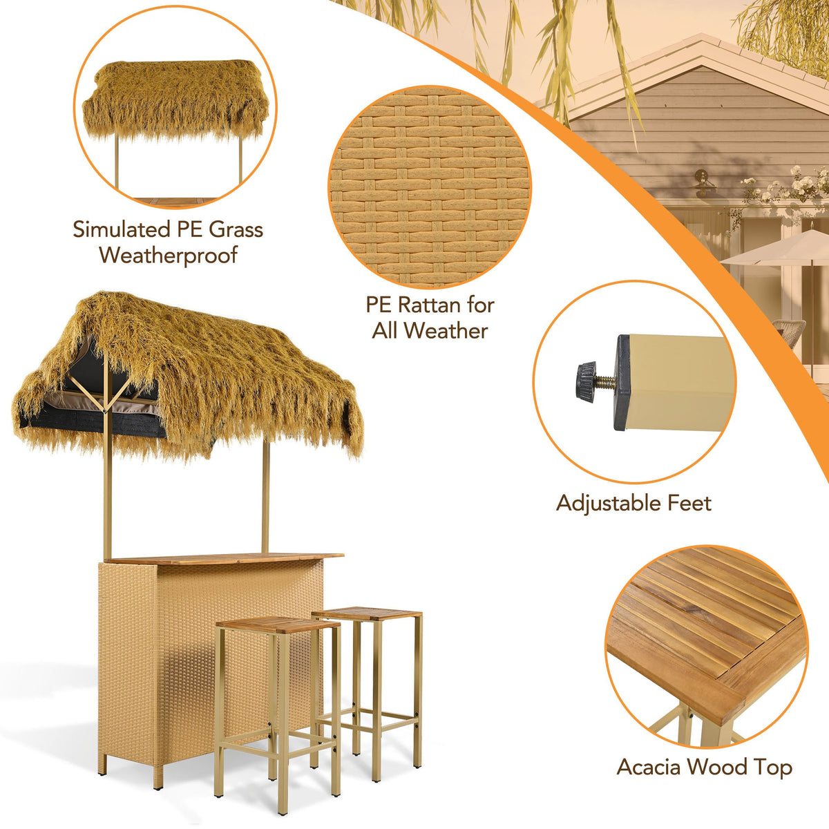 Roomfitters Bar Height Patio Set with PE Grass Canopy, Outdoor Bar Table and Stools, Hawaiian-style Acacia Wood Top, Natural Roomfitters