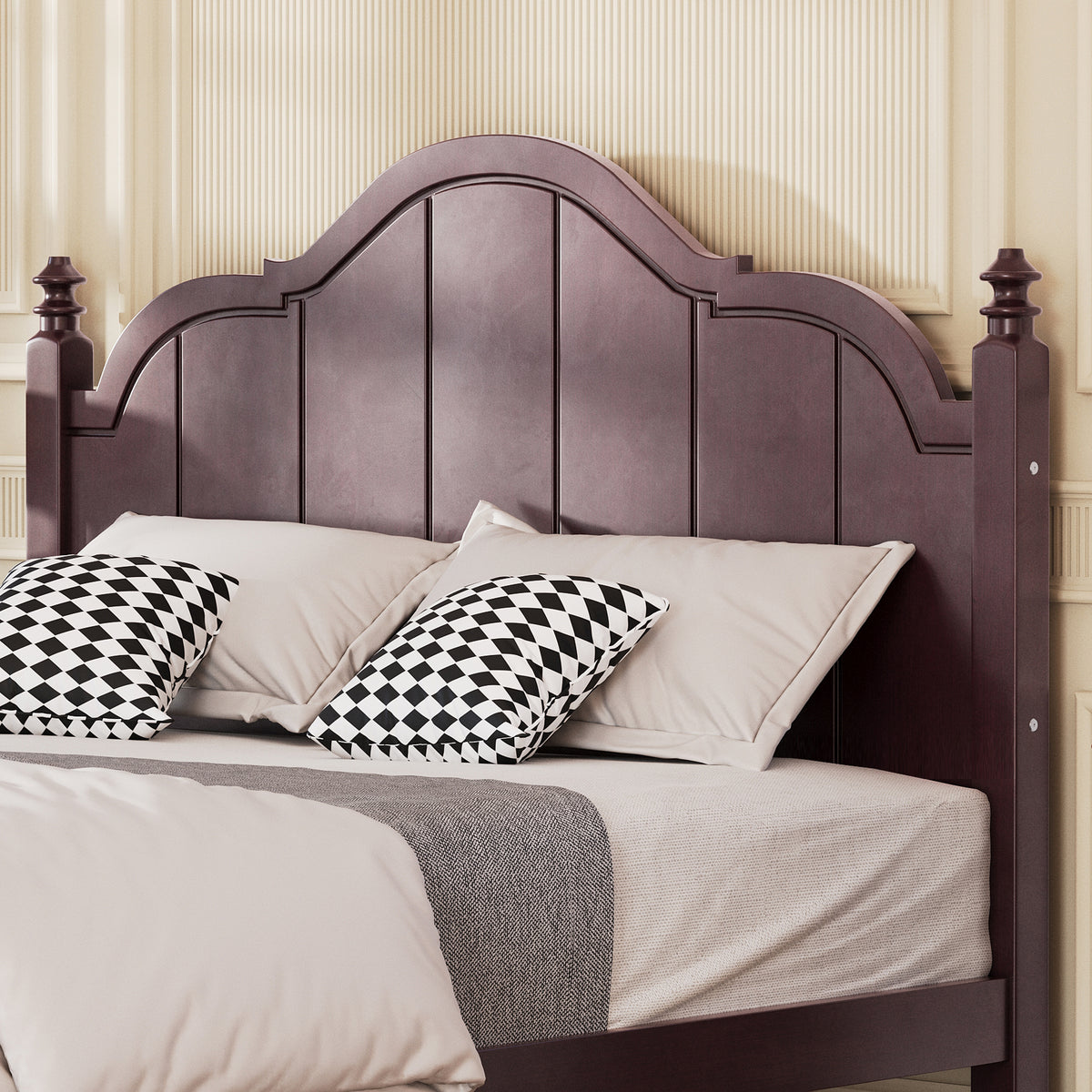 variant-group:rf-n733p360940p|Roomfitters Queen Wood Platform Bed Frame with Curved Headboard, Vintage Style Slat Support, No Box Spring Required, Espresso
