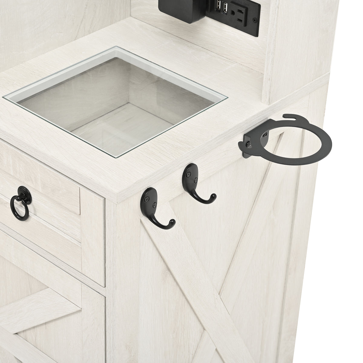 variant-group:rf-n733p340562k|Roomfitters Farmhouse Vanity Desk with Sliding Mirror & Lights, Glass Top, Charging Station, 4 Drawers, 2 Cabinets, Stool, White