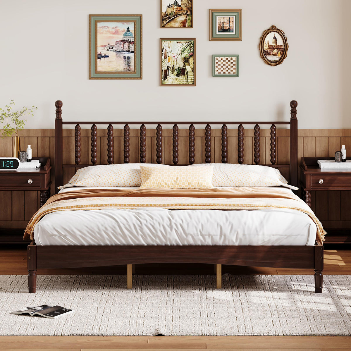 variant-group:rf-n733p338316d|Roomfitters King Wood Platform Bed, Retro Gourd Spindle Headboard with Solid Slat Support, Walnut