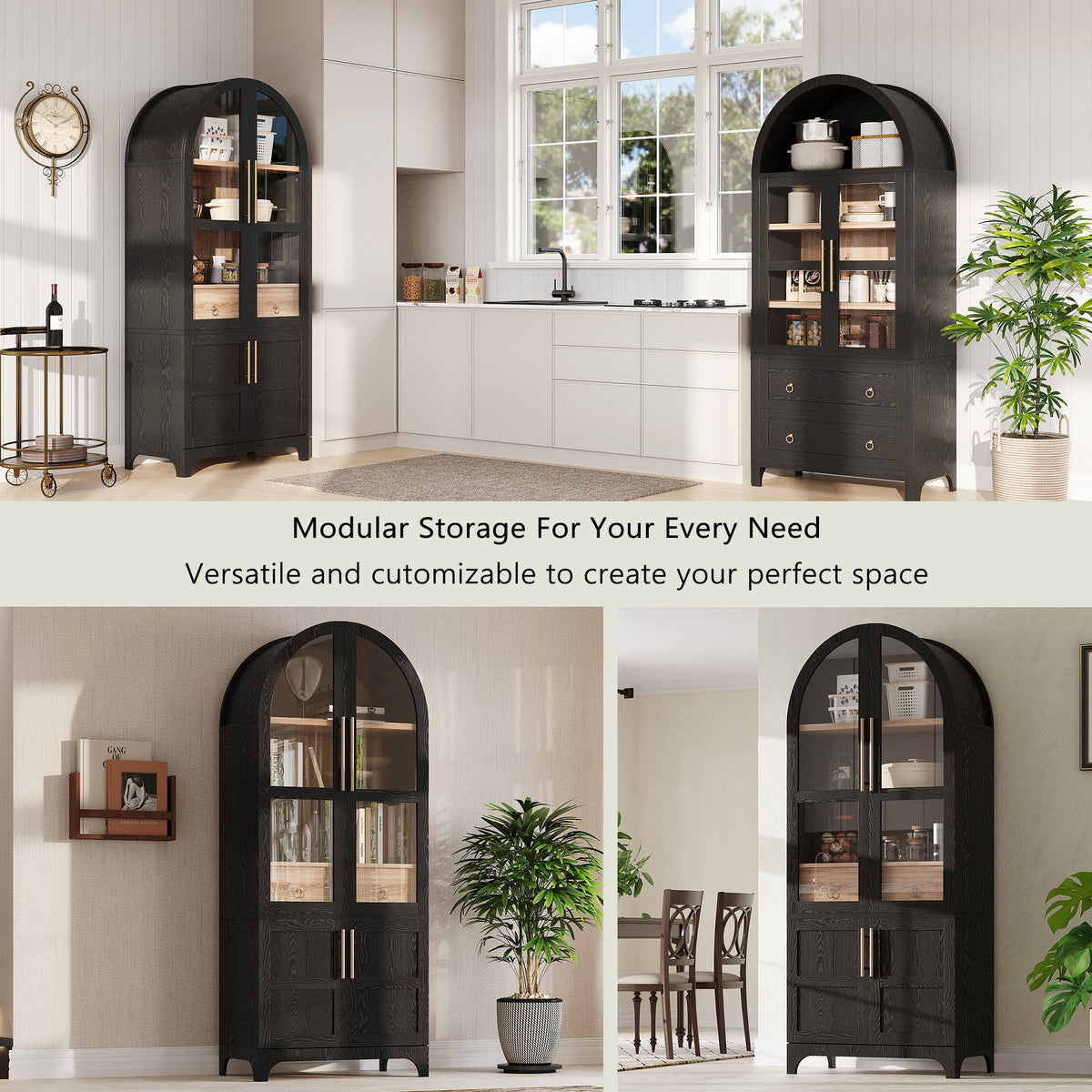 variant-group:rf-n707s288969b|Roomfitters 71" Pantry Cabinet with Arched Top & Glass Doors, 4-Door Storage Hutch with Adjustable Shelves for Kitchen, Black
