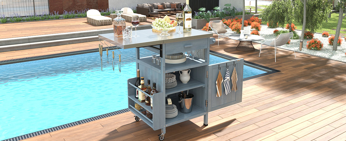 variant-group:rf-n707p228272g|Roomfitters 40.5" Outdoor Grill Cart with Stainless Steel Top, Wood Storage Cabinet, Drop Leaf, Rolling Cart, Blue Grey
