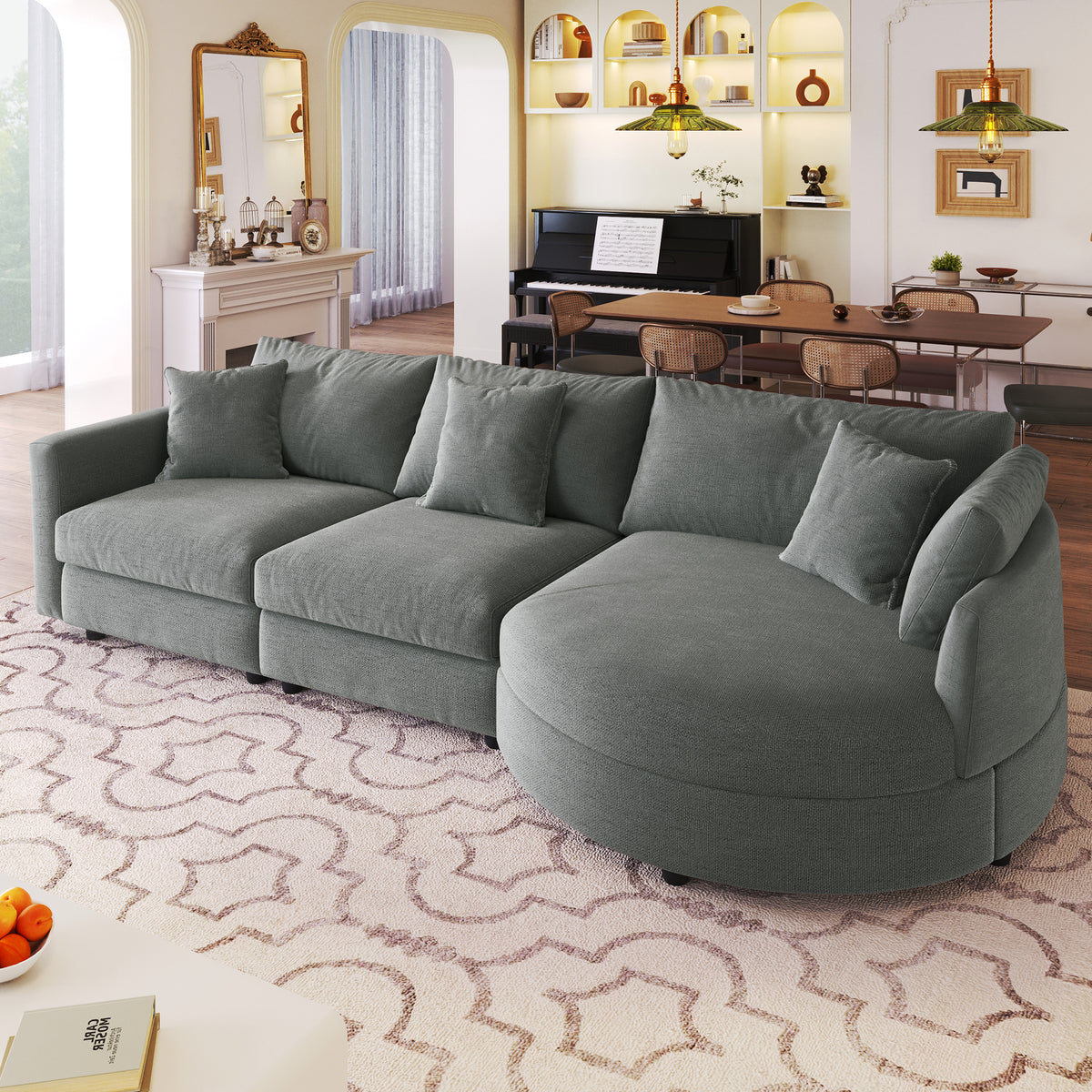 variant-group:rf-n711wy000461aae|Roomfitters 107" Chenille Fabric 3-Piece Sectional Sofa, Modern Large L-Shaped Couch with Rounded Curved Chaise, Grey