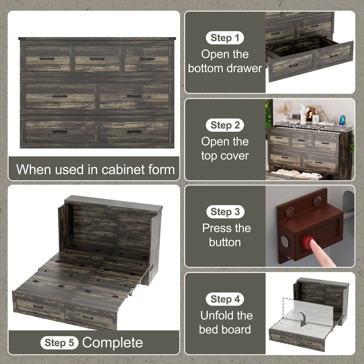 Roomfitters Queen Size Murphy Bed Cabinet with Charging Station, Foldable Platform Bed with Storage Drawer, Rustic Gray
