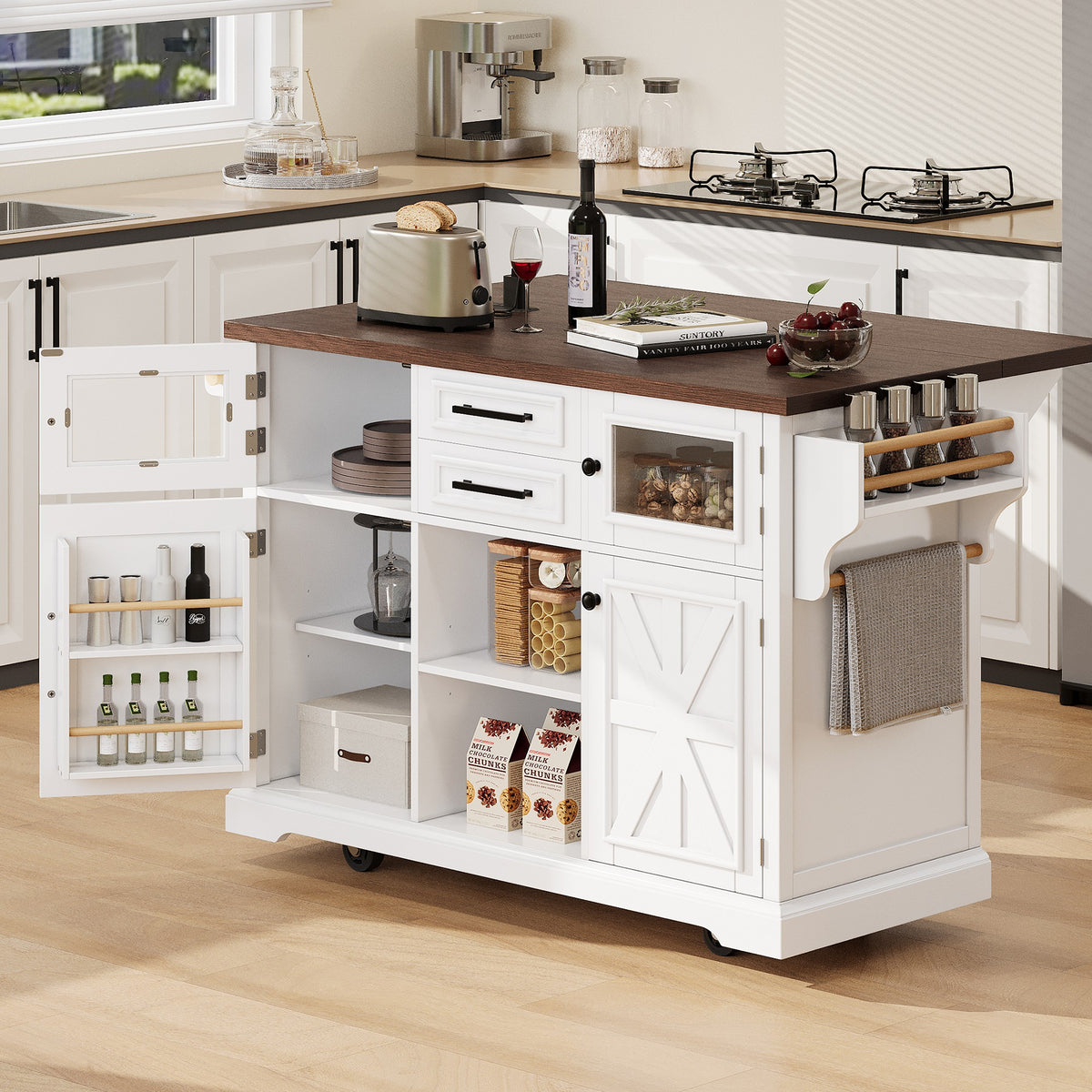 variant-group:rf-n707s300277w|Roomfitters 54.9" Kitchen Island with Drop Leaf, Rolling Kitchen Cart with Barn Door and Glass Door, Storage Cabinet, White
