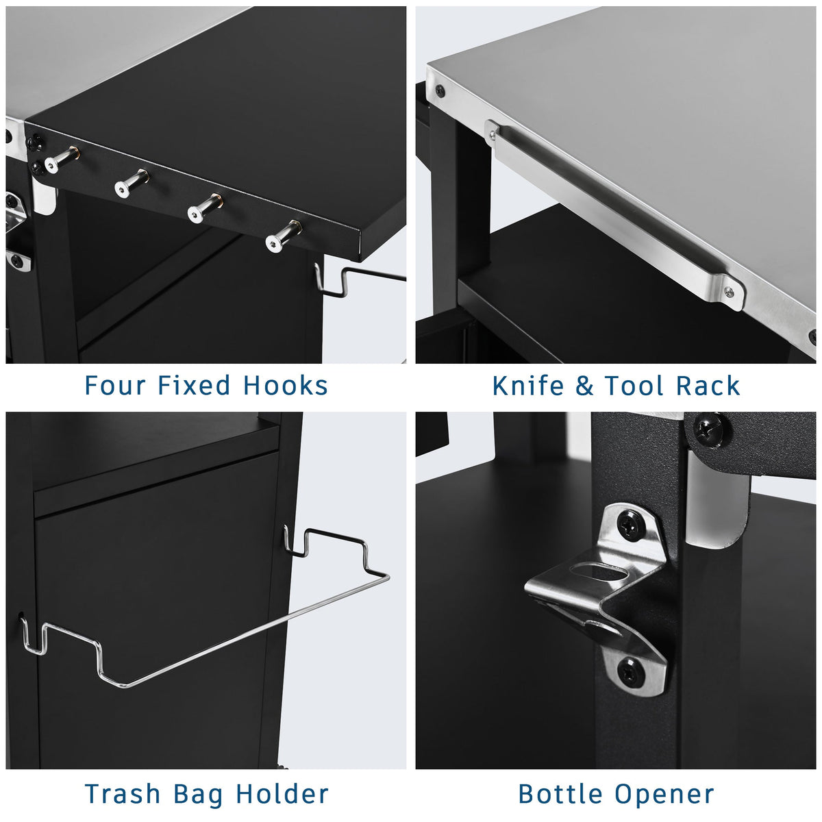Roomfitters 33.9" Grill Cart with Stainless Steel Top, BBQ Prep Station with Spice Rack and Hamper Bag, Rolling Cart, Black