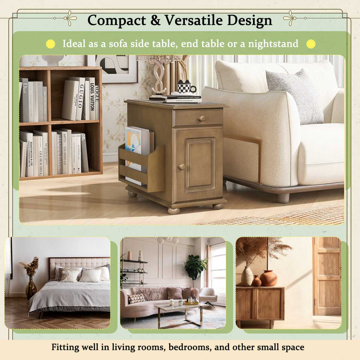 variant-group:rf-n724p293133d|Roomfitters Vintage Sofa Side Table with USB Ports, Flip Top, Cup Holders and Bookshelf Storage for Small Spaces, Brown