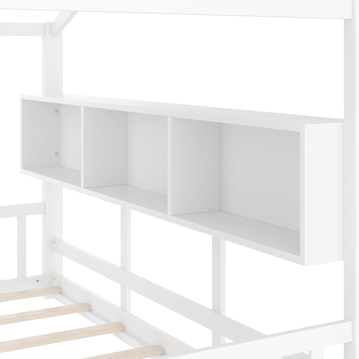 variant-group:rf-n733p335068k|Roomfitters Full Size Floor House Bed with Storage Shelf and Roof Design, Montessori Playhouse Bed, White