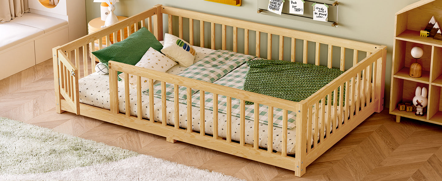 variant-group:rf-w1580p338952|Roomfitters Wooden Full Floor Bed Frame with Door & Safety Guardrails, Low Platform Design for Bedroom or Playroom, Natural