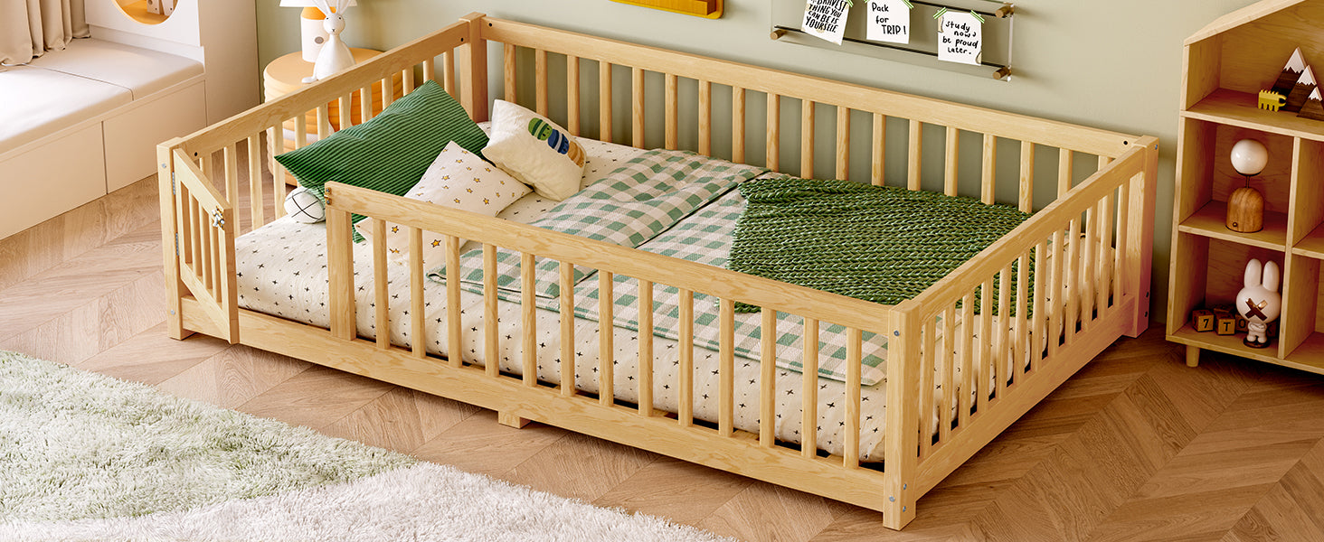 variant-group:rf-w1580p338952|Roomfitters Wooden Full Floor Bed Frame with Door & Safety Guardrails, Low Platform Design for Bedroom or Playroom, Natural