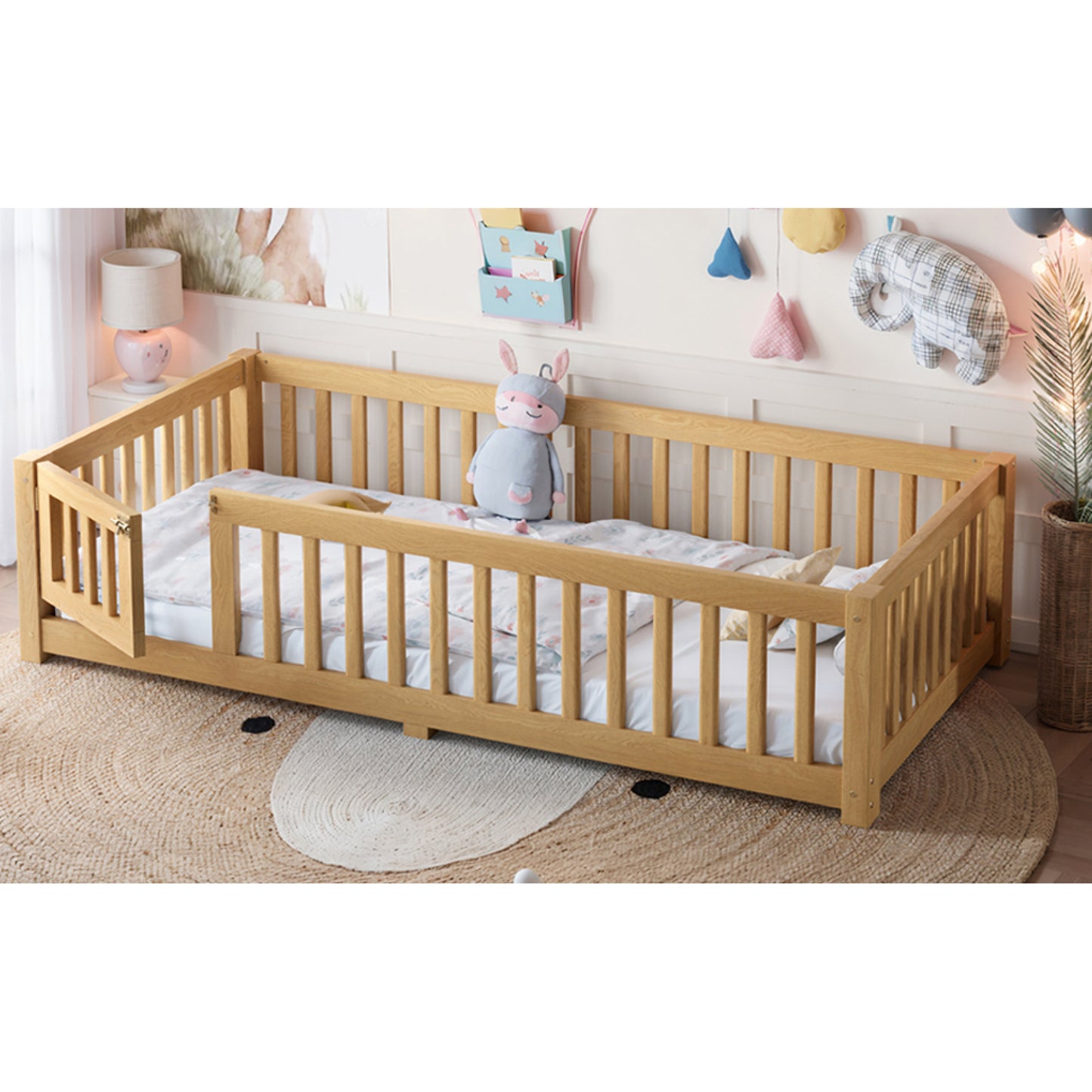 variant-group:rf-w1580p462314|Roomfitters Twin Size Wooden Floor Bed Frame with Safety Guardrails Door, Solid Wood Low Profile Toddler Play Bed, Natural