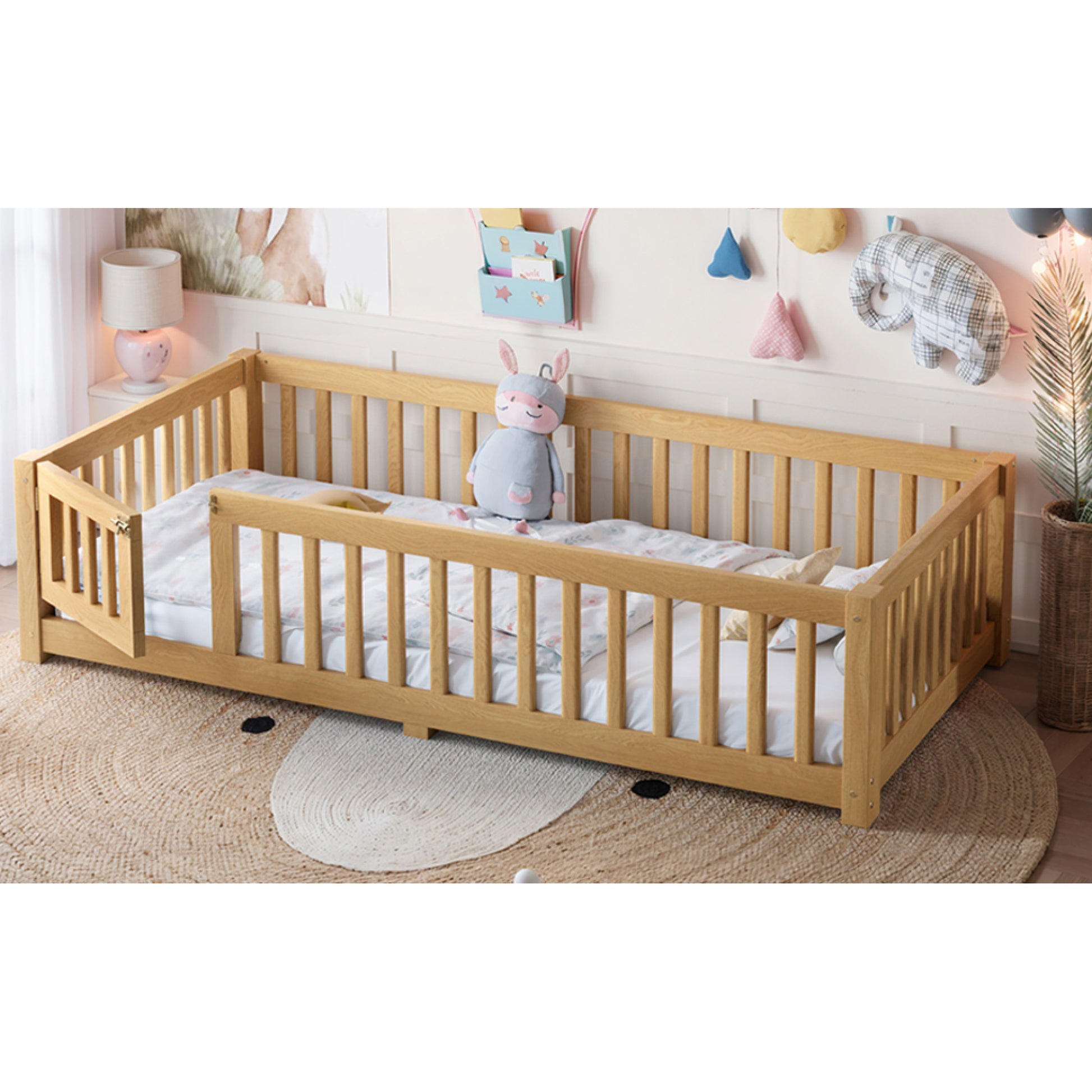 variant-group:rf-w1580p462314|Roomfitters Twin Size Wooden Floor Bed Frame with Safety Guardrails Door, Solid Wood Low Profile Toddler Play Bed, Natural