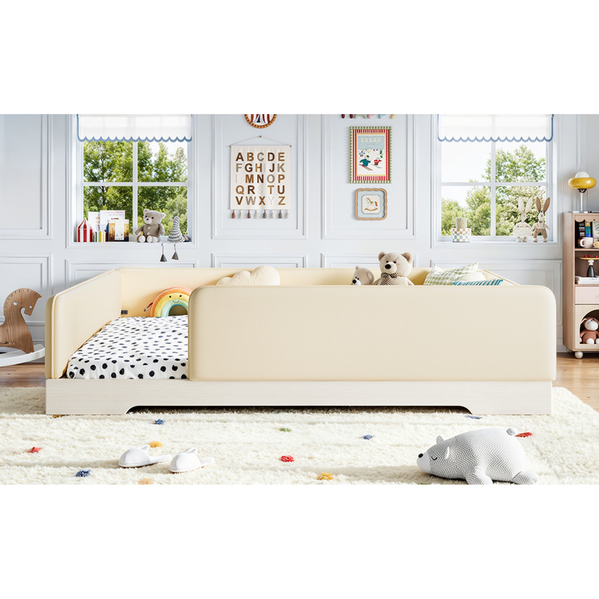 variant-group:rf-w1580s00673|Roomfitters Queen Size Upholstered Floor Bed Frame with Removable Guardrails, Faux Leather Low Profile Platform, Beige
