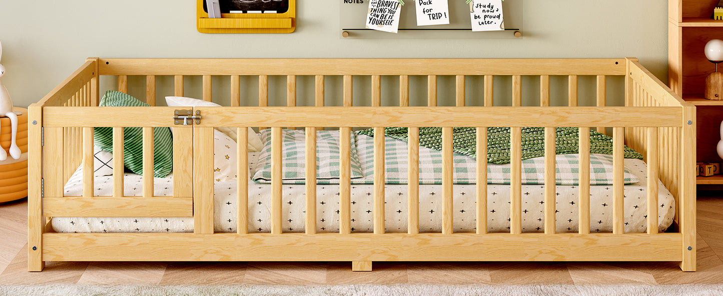 variant-group:rf-w1580p338952|Roomfitters Wooden Full Floor Bed Frame with Door & Safety Guardrails, Low Platform Design for Bedroom or Playroom, Natural