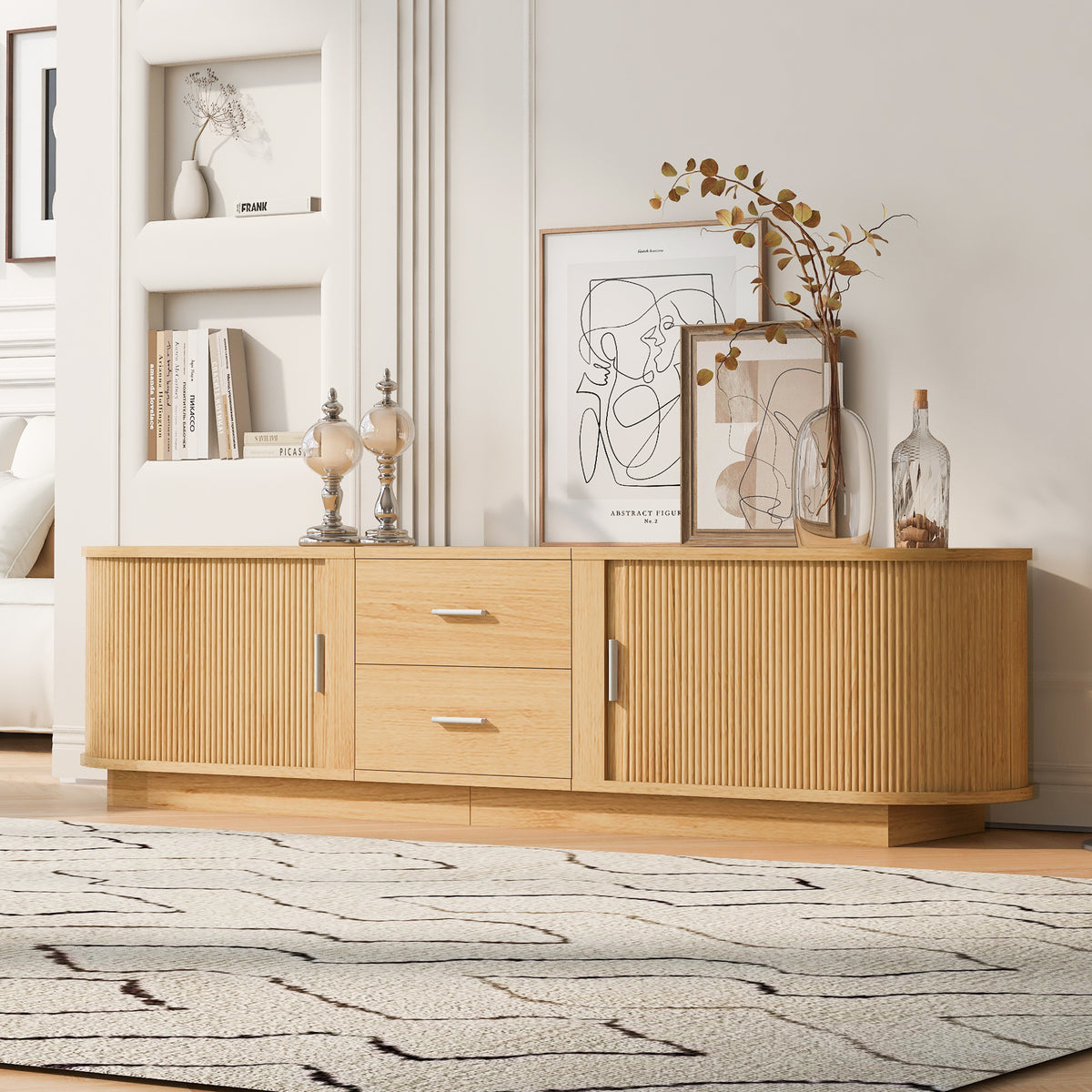 variant-group:rf-n724p420639w|Roomfitters Modern Entertainment Center Console Table with 2 Central Drawers, Acacia Wood