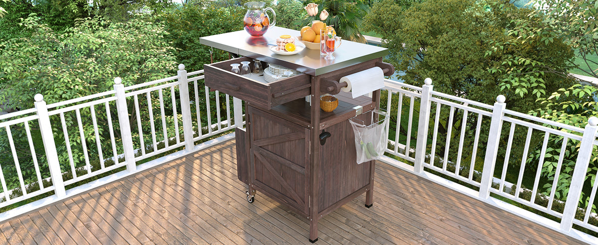variant-group:rf-n707p228272z|Roomfitters 40.5" Outdoor Grill Cart with Stainless Steel Top, Wood Storage Cabinet, Drop Leaf, Rolling Cart, Brown