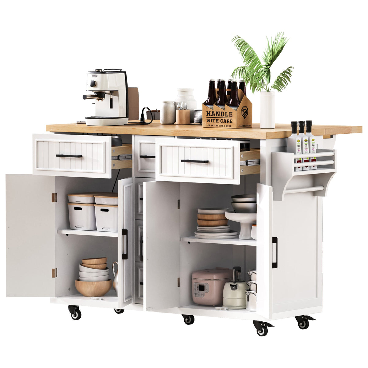 Roomfitters 56.5" Kitchen Island with Drop Leaf, Rolling Kitchen Cart with 5 Storage Drawers, Spice Rack & Towel Holder, White