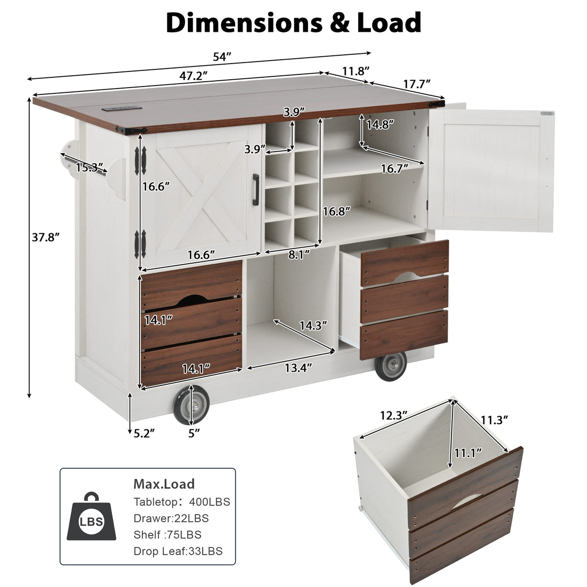 variant-group:rf-n707p349814w|Roomfitters 54" Farmhouse Kitchen Island with Drop Leaf, Power Outlet, Wine Rack, 2 Drawers, 2 Doors, White