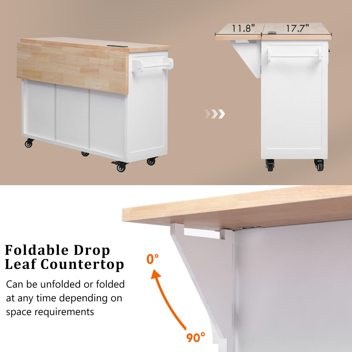 Roomfitters 56.5" Kitchen Island with Drop Leaf, Rolling Kitchen Cart with 5 Storage Drawers, Spice Rack & Towel Holder, White