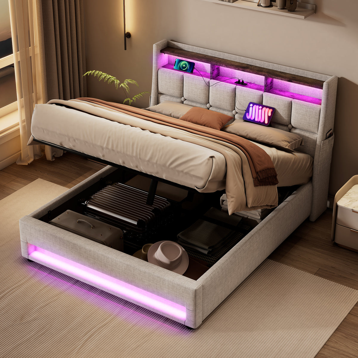 variant-group:rf-n736aa20690910b|Roomfitters Queen Size Upholstered Platform Bed with Storage System, USB Charging Ports, Natural