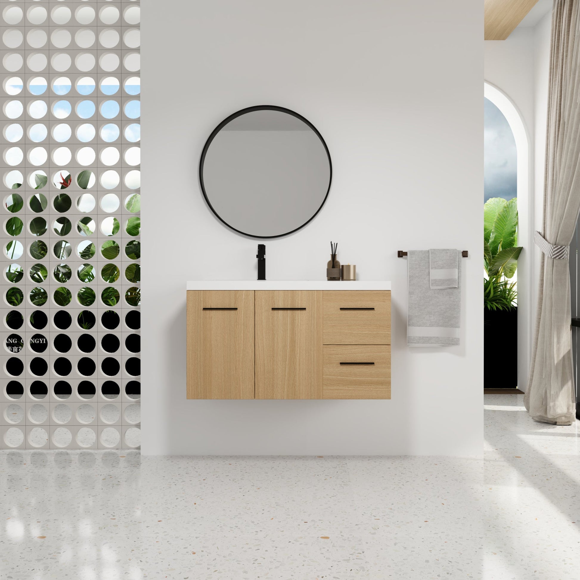 36" Wall-Mounted Floating Bathroom Vanity with Sink, Light Oak, 2-Door & 2-Drawer Modular Cabinet, Gel Coat Sink Top, 3 Boxes Roomfitters