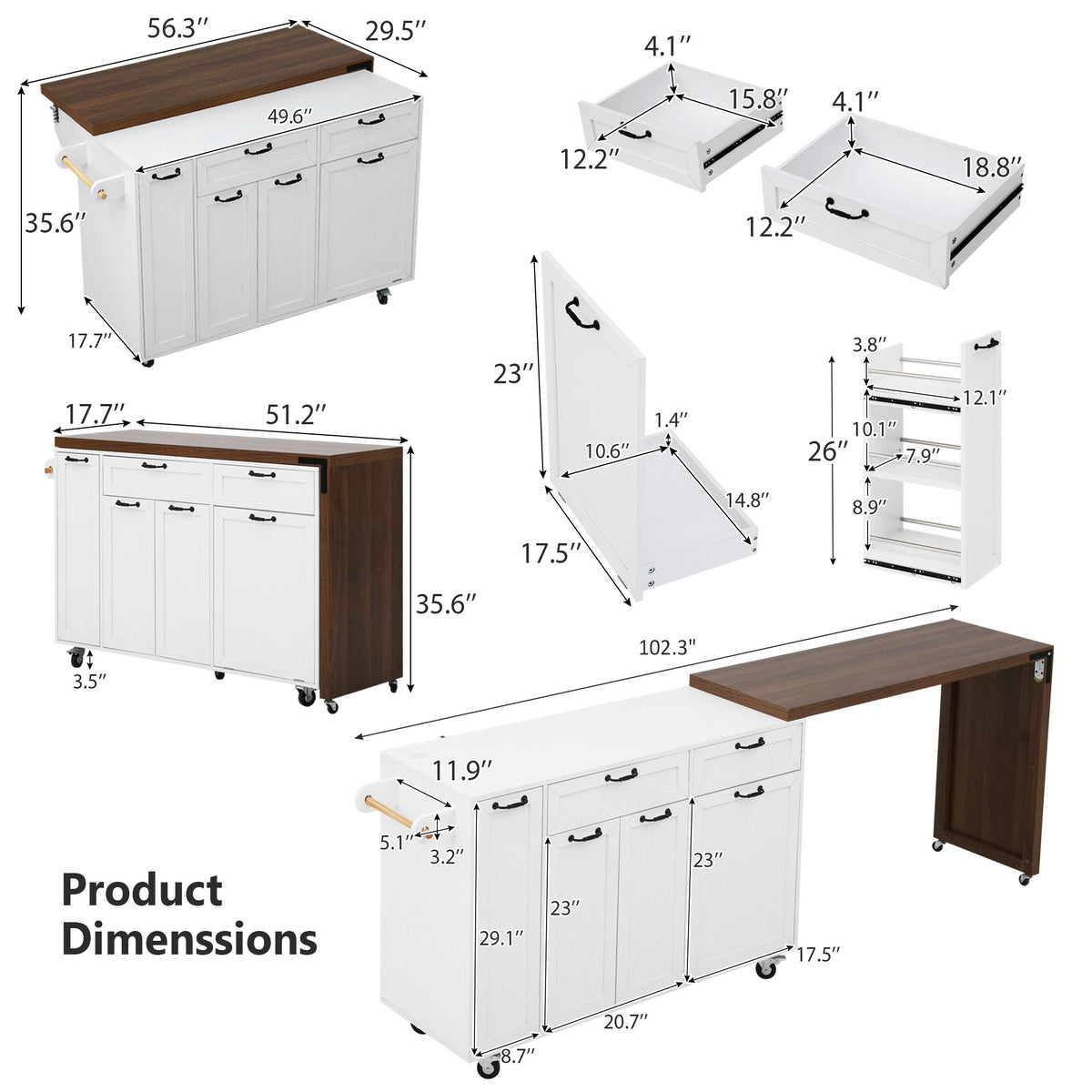 variant-group:rf-n707s000026w|Roomfitters 102.3" Kitchen Island with Tilt Out Trash Can Cabinet, Rolling Storage Cart, Slide-out Spice Rack, White