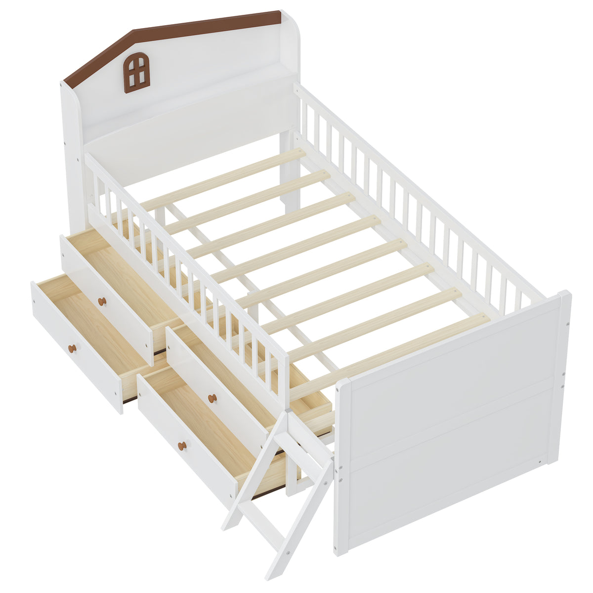 variant-group:rf-n733s278032k|Roomfitters Twin Platform Bed Frame with Four Drawers, Wooden Kids Bed with Guardrail Headboard and Ladder, White