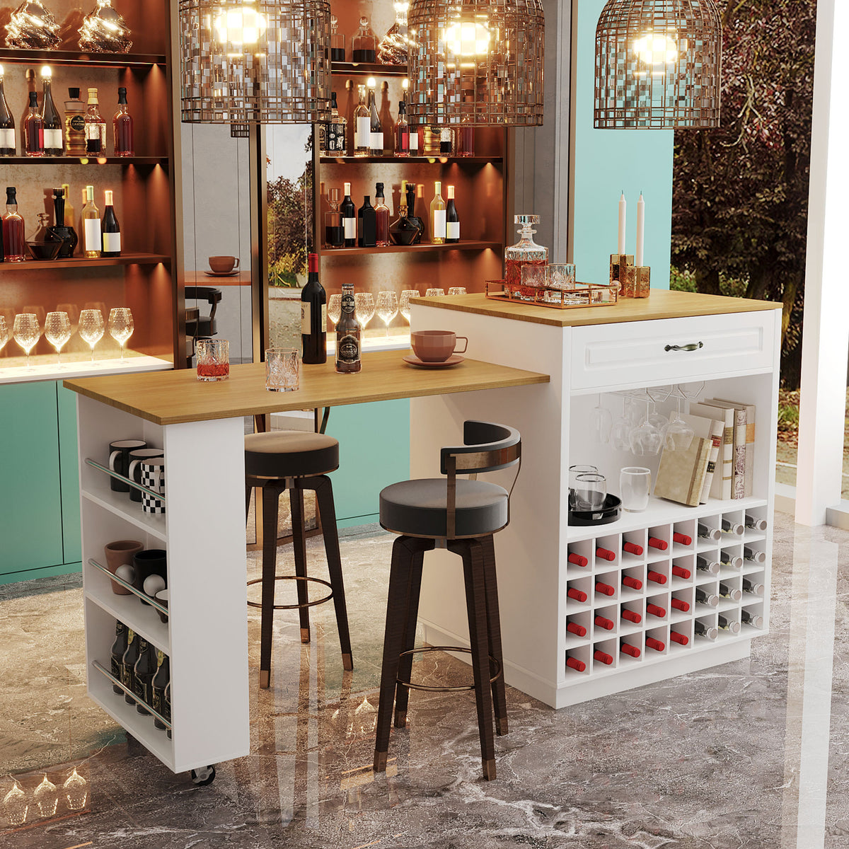 variant-group:rf-n711wy000493aak|Roomfitters White and Natural Wood MDF Extendable Bar Cabinet, Rolling Kitchen Island Table, Wine Rack Storage