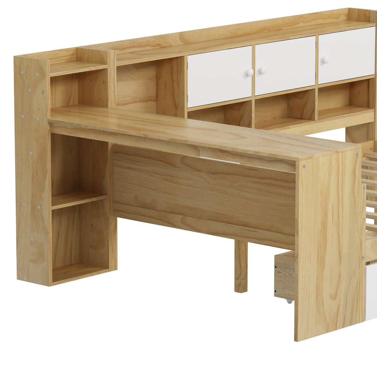 Roomfitters Wooden L-Shape Daybed with Seven Storage Cabinets and Two Storage Compartments, Multi-functional Bed with Study Desk and Built-in Bookshelf, Natural+White