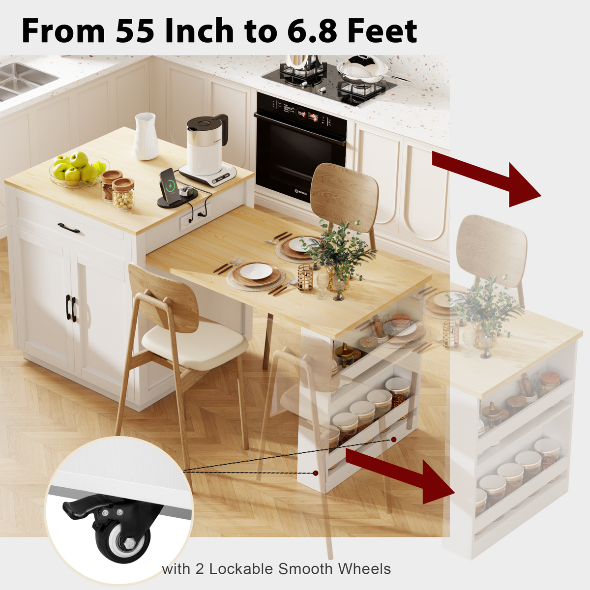 variant-group:rf-n707s000010w|Roomfitters 82.7" Kitchen Island with Extendable Table, Two-Tone Design, Double Storage, Power Outlet, White