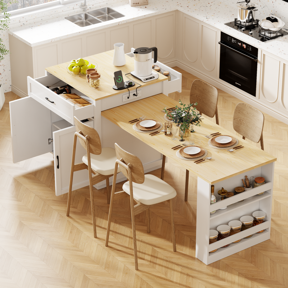 variant-group:rf-n707s000010w|Roomfitters 82.7" Kitchen Island with Extendable Table, Two-Tone Design, Double Storage, Power Outlet, White