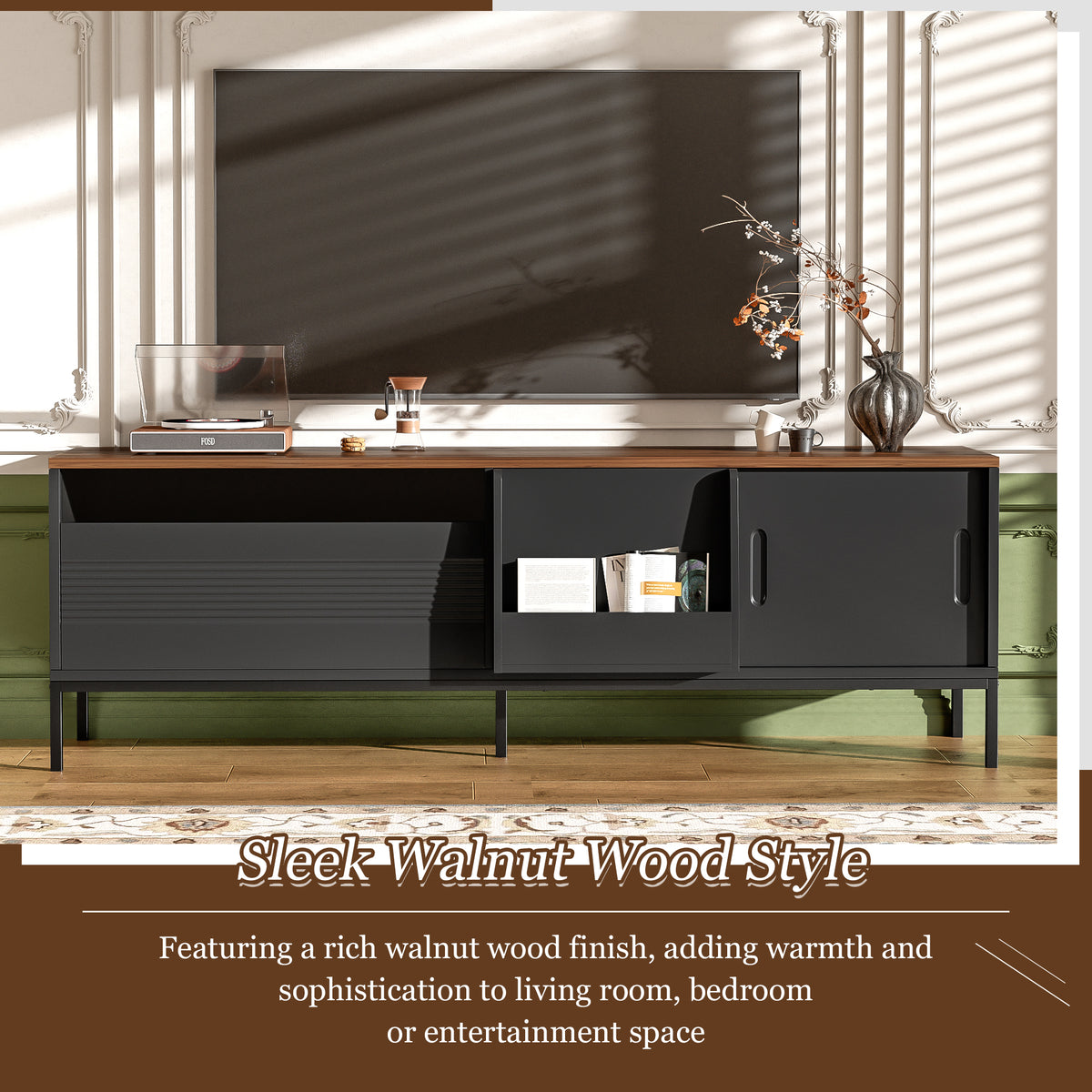 variant-group:rf-n724p360370b|Roomfitters Mid-Century Modern 70" TV Stand Console with Sliding Doors, Black