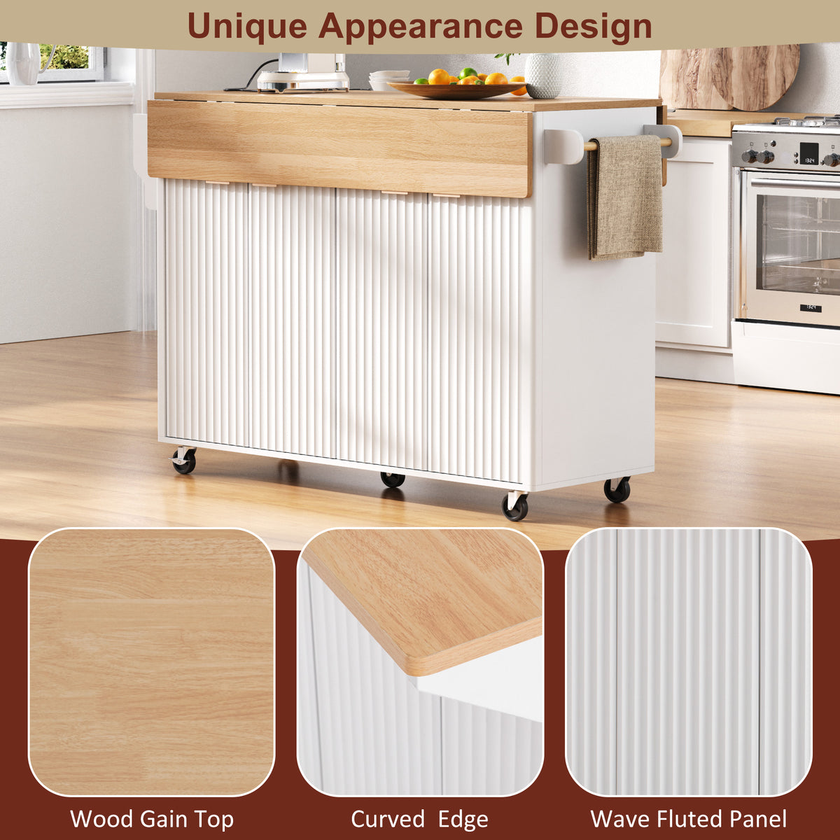 variant-group:rf-n707p353934w|Roomfitters 55.5" Fluted Kitchen Island with Double Drop Leaf, White Storage Cart with Power Outlet & Wood-grain Top