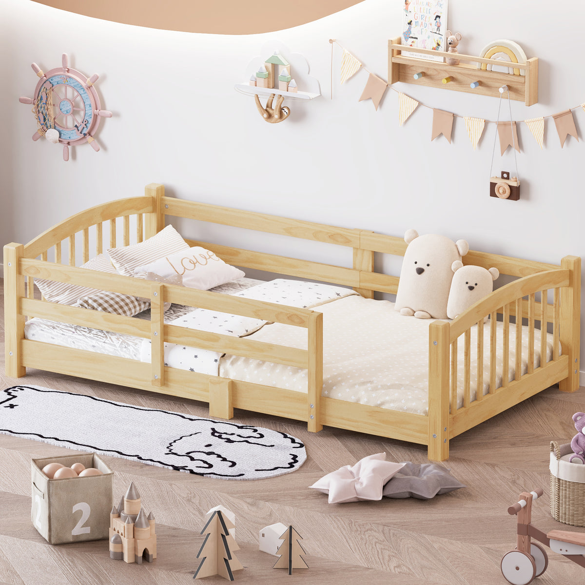 variant-group:rf-n733p400298n|Roomfitters Twin Montessori Floor Bed with Guardrails, Solid Wood Low Platform Bed with Slats, Easy Assembly, Natural
