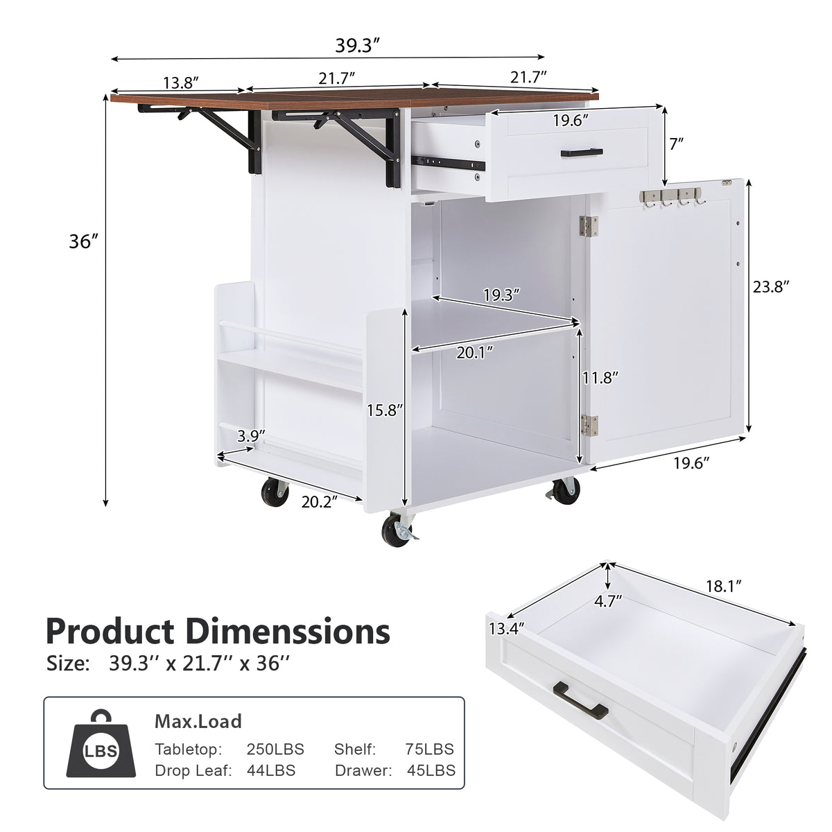 variant-group:rf-n707p404539w|Roomfitters 39.3" Kitchen Island with Drop Leaf, Rolling Kitchen Cart with Storage Drawer and Spice Rack, Modern Style, White