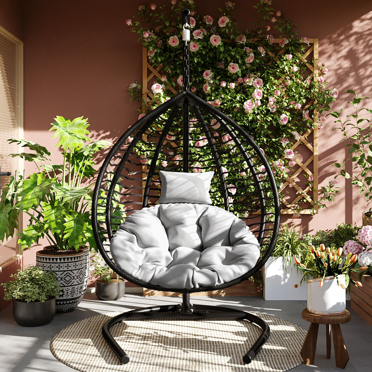 variant-group:rf-n711p389502e|Roomfitters Indoor Outdoor Hanging Egg Hammock Chair with Stand, Wicker Rattan Swing for Patio and Bedroom, Black+ Gray