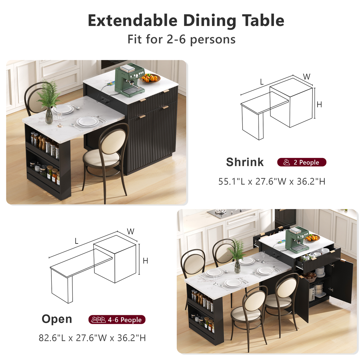 variant-group:rf-n707s000018b|Roomfitters 82.6" Fluted Kitchen Island with 51" Extendable Dining Table for 4-6, Power Outlet, Black