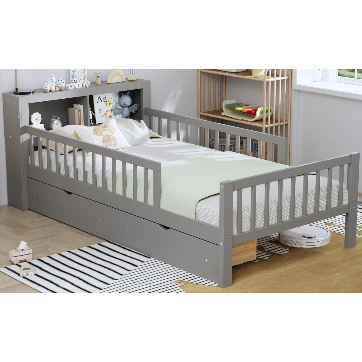 variant-group:rf-n733p272374e|Roomfitters Twin Bed with Headboard Storage Rack, Under-Bed Storage and Three-Side Guardrails, Gray