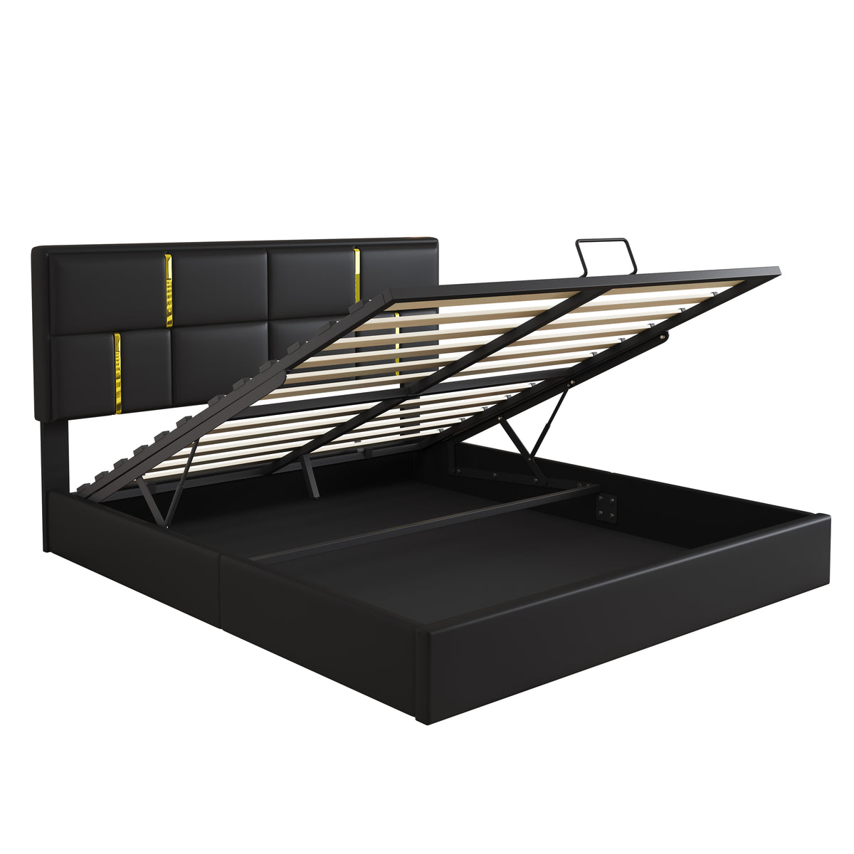 variant-group:rf-n733s362241b|Roomfitters Queen Upholstered Platform Bed with Hydraulic Storage Lift, Modern Bed Frame, No Box Spring Required, Black