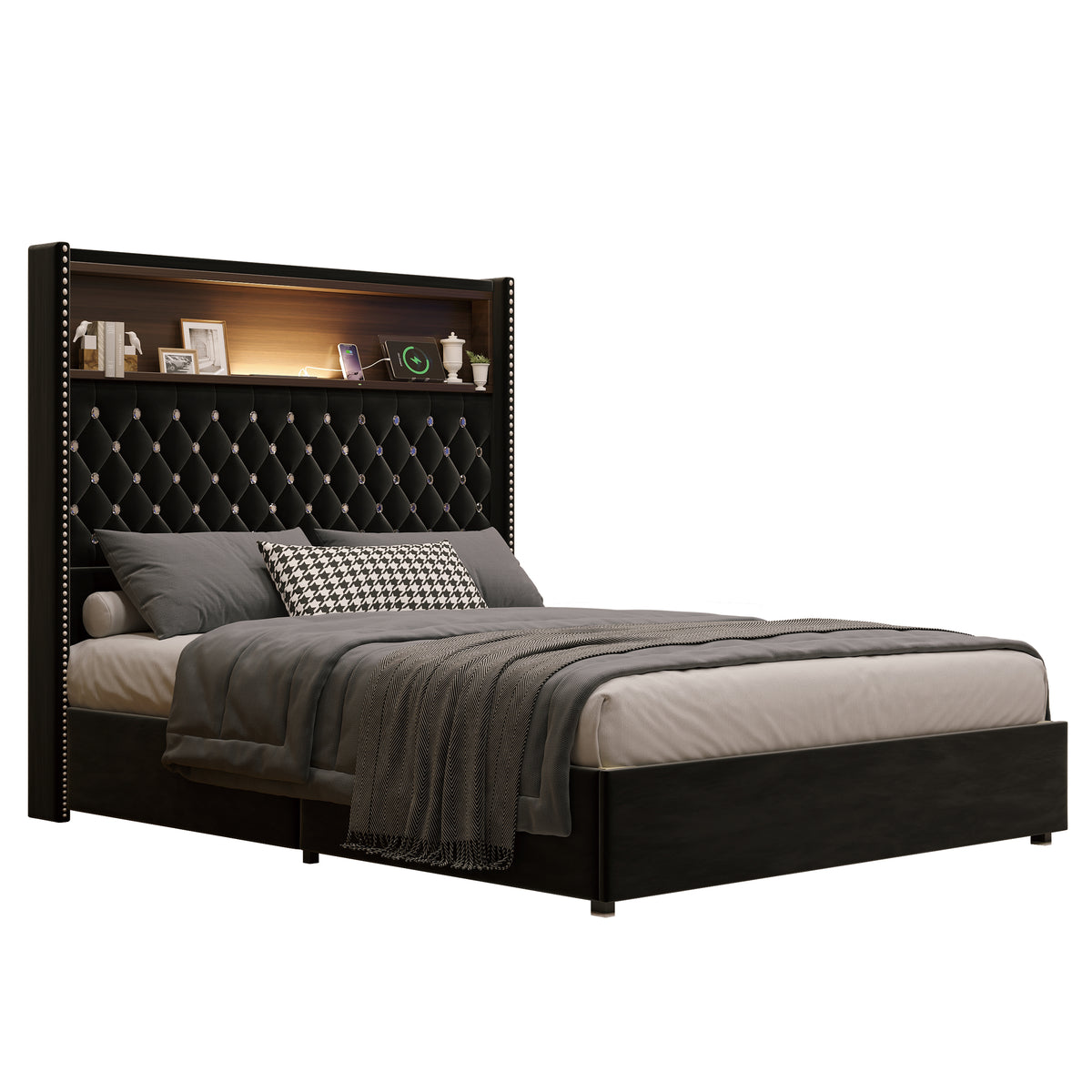 variant-group:rf-n733p368653b|Roomfitters Full Velvet Tufted Platform Bed with Charging Ports, Tall Wingback Headboard with Rivet Trim and Shelf, Black